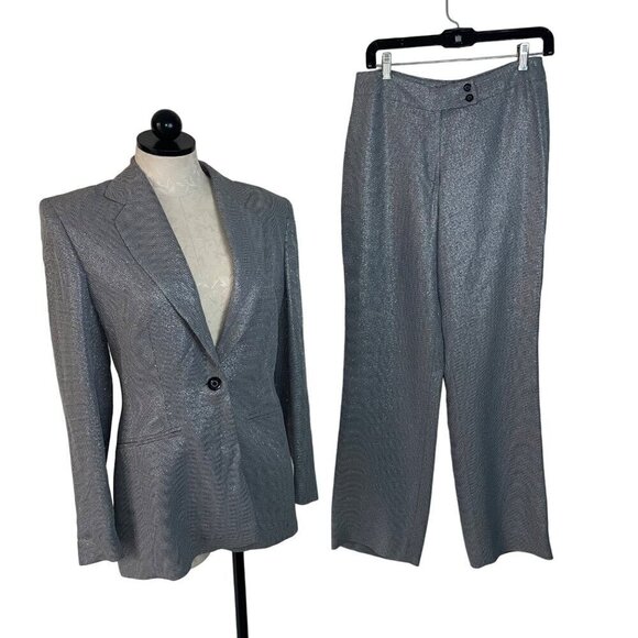 Mondi Vintage Womens Pant Suit Size Medium Gray Metallic Knit Pockets Wide Leg - Picture 2 of 10